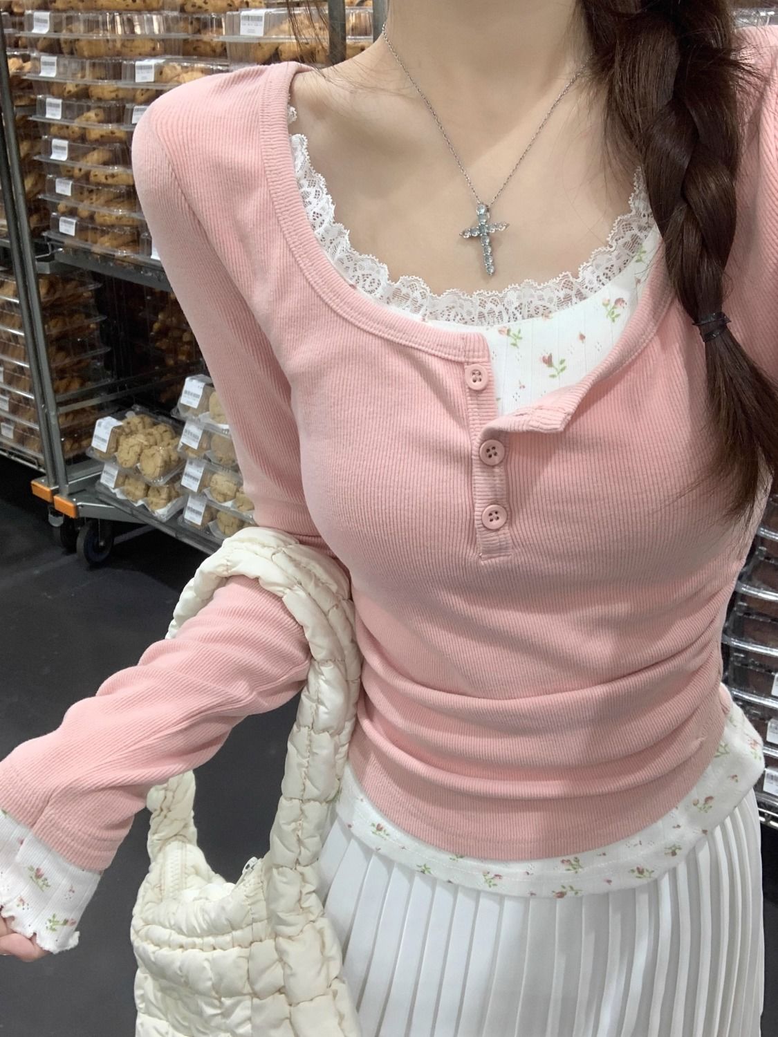 2026 Pink Floral Two-piece Cre - Undershirt Crew Neck ulasan dan harga