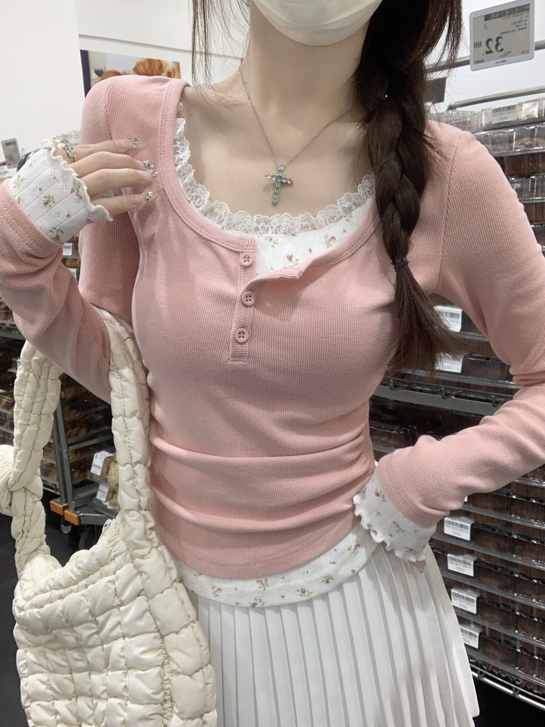 2026 Pink Floral Two-piece Cre - Undershirt Crew Neck ulasan dan harga